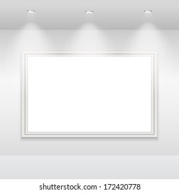 empty frame on white wall with halogen lamps. vector gallery interior template