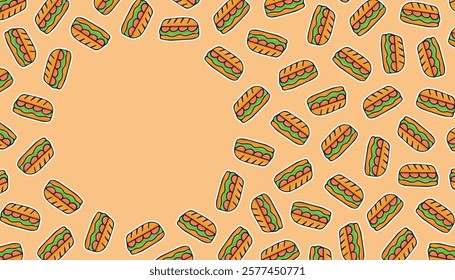 an empty frame with a picture of food. delicious sandwich. sausage sandwich. a frame with delicious sandwiches for advertising. a place for your inscription. vector. fast food.