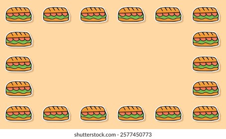 an empty frame with a picture of food. delicious sandwich. sausage sandwich. a frame with delicious sandwiches for advertising. a place for your inscription. vector. fast food.