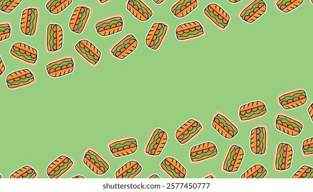 an empty frame with a picture of food. delicious sandwich. sausage sandwich. a frame with delicious sandwiches for advertising. a place for your inscription. vector. fast food.