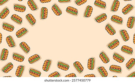 an empty frame with a picture of food. delicious sandwich. sausage sandwich. a frame with delicious sandwiches for advertising. a place for your inscription. vector. fast food.