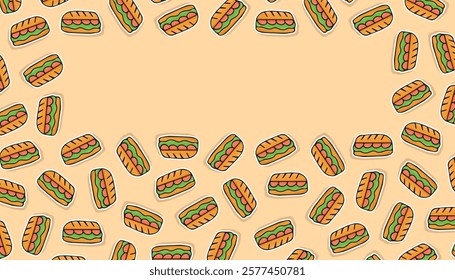 an empty frame with a picture of food. delicious sandwich. sausage sandwich. a frame with delicious sandwiches for advertising. a place for your inscription. vector. fast food.