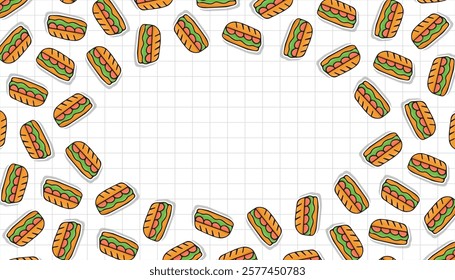 an empty frame with a picture of food. delicious sandwich. sausage sandwich. a frame with delicious sandwiches for advertising. a place for your inscription. vector. fast food.