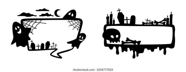 Marcos vacíos para mensajeros, tema de Halloween. Vector conjunto aislado de burbujas de discurso. Siluetas monocromáticas de bordes con fantasmas y lápidas de cementerio con velas, decoración de vacaciones de otoño