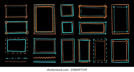 Empty frames and picture borders for text or images, bright outline on the dark background. Set of graphic design backdrops and sticker. Vector illustration.