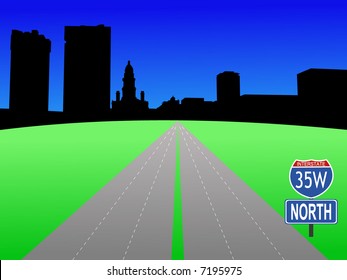 empty freeway leading to Fort Worth Skyline