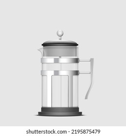 Cafetera francesa vacía o tetera de pistón de vidrio realista aislada. Cafetera de jarra transparente para la preparación de té. 3.ª ilustración vectorial