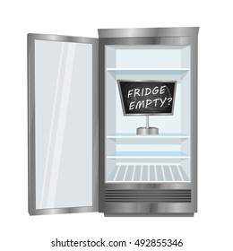 Empty Fridge. Commercial Electronics Fridge Equipment For Drink Shortage. Refrigerator With Opened Door, Empty Shelves And Board With Text Inside Vector Illustration. Icon Isolated On White Background