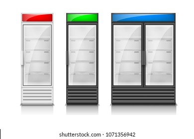 Empty fridge glass sliding doors. Modern Supermarket commercial freezer equipment template. Refrigerator freeze equipment for drinks and food. Vector illustration