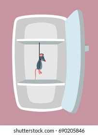 Empty fridge. Kitchen refrigerator with hanged mouse. Absolutely no food. Nothing to eat concept. Cartoon style. Vector illustration.