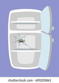 Empty fridge. Kitchen refrigerator with spider web. Absolutely no food. Nothing to eat concept. Cartoon style. Vector illustration.