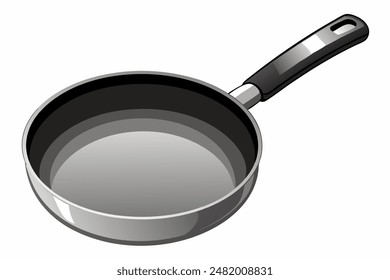 An empty frying pan with a black handle placed on a white background