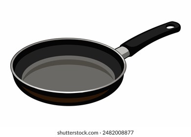 An empty frying pan with a black handle is placed on a white background