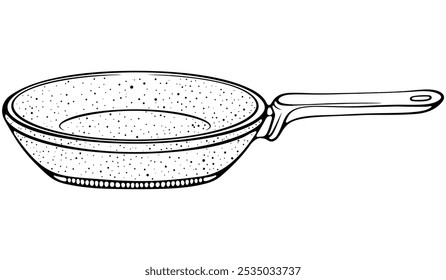 Empty frying pan. Kitchen utensils for cooking. Vector illustration in hand drawn sketch doodle style. Line art isolated on white for coloring book, print