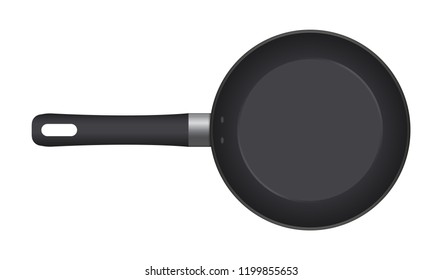 Empty frying pan, top view isolated on white background. Realistic steel pan. Vector illustration mockup.