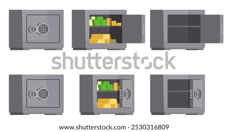 Empty and full bank safes. Closed and open doors with combination locks. Protection metal boxes. Valuables saving. Gold bars, coins and bundles of banknotes. Strongboxes