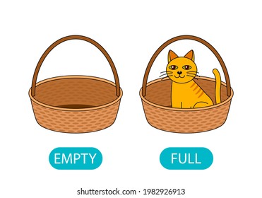 empty and full basket with a cat. the concept of teaching children the opposite adjective. vector illustration isolated on white background