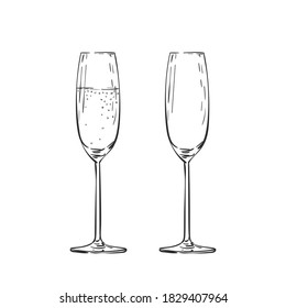 Empty And Full Champagne Glass Vector Drawing Isolated. Hand Drawn Illustration Black Line On White, Alcohol Beverage Glassware Doodle