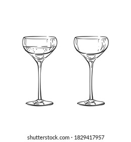 Empty And Full Coupe Champagne Glass Vector Drawing Isolated. Hand Drawn Illustration Black Line On White, Alcohol Beverage Glassware Doodle