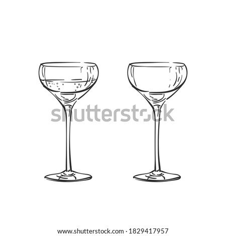 Empty and full coupe champagne glass vector drawing isolated. Hand drawn illustration black line on white, Alcohol beverage glassware doodle
