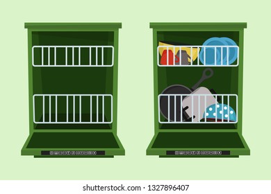 Empty and full dishwasher with dishes. Flat vector illustration.