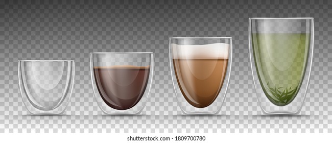 Empty, full double walled glasses of different sizes on transparent background. 3d realistic glass cups set with hot drinks - isolated black espresso, cappuccino or latte with foam and green tea.