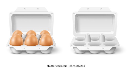 Empty and full egg tray. 3d isolated realistic food element and packaging, open cardboard box, container fresh diet product, traditional breakfast cooking ingredient, vector concept