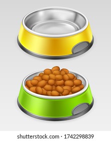 Empty and full of feed metal plate for animal with black edging, isolated on gray background. Yellow and green stainless steel bowl for cat, dog, pet for food or water, vector realistic illustration.