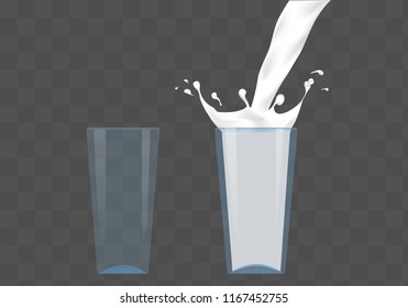 Empty and full glass with realistic milk splashing out of falling. High resolution
