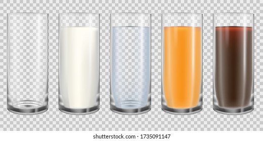 Empty and full glass realistic set. Milk, water, juice and cola in translucent cups isolated on transparent background. Drink icons collection, side view