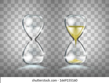 Empty And Full Gold Glitter Transparent Hourglass Isolated. EPS10 Vector