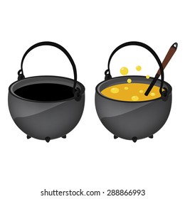 Empty and full magic kettle with yellow poison and spoon vector illustration. Cauldron. Pot vector