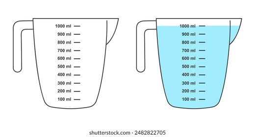 Empty and full measuring cups with a 1 liter volume. Water or other liquid containers for cooking with a fluid capacity scale isolated on white background. Vector flat illustration.