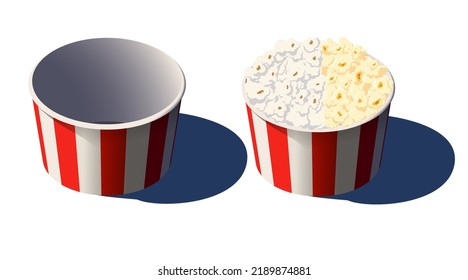 Empty and full movie delicious popcorn paper bucket icon. Food container with red and white stripes. Vector isometric illustration.