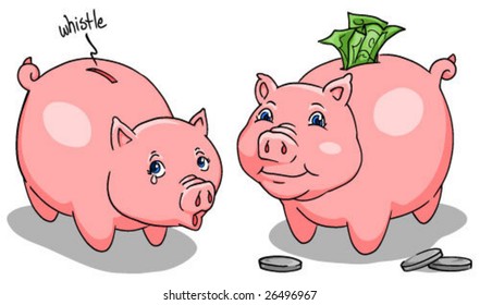 Empty and full piggy banks.