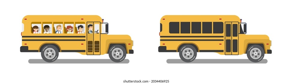 Empty and full of pupils school bus. Flat design. Vector illustration