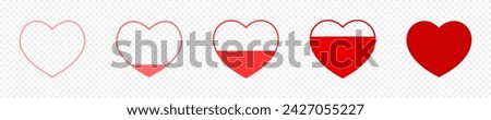 Empty and full red heart icons. Measuring passion level or degree of heart health symbols. Love meter signs isolated on transparent background. Vector flat illustration.