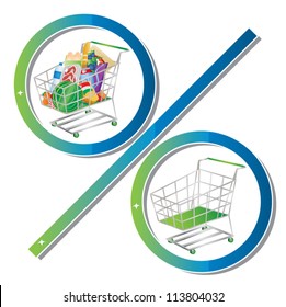 Empty and full shopping cart (groceries) symbolized to look like a percent symbol