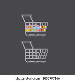 Empty and full shopping cart from the hypermarket. Pixel art. Old school computer graphic. 8 bit video game. Game assets 8-bit sprite. 16-bit.