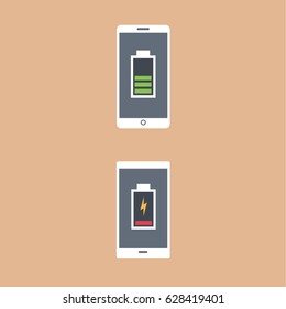 empty and full  two smart phone clean modern vector illustration With full Battery & one mobile With Low Battery. nice cell phones with and without energy on a green and red colors flat design style