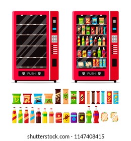 Empty and full vending machine with snacks and drinks isolated on white background. Automat with fast food snacks, drinks, nuts, chips, cracker, juice, sandwich. Flat illustration in vector