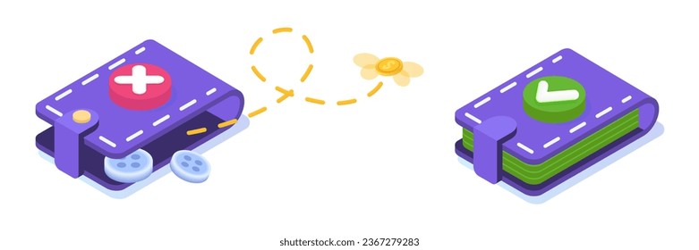 Empty and full wallet isometric icon. Vector illustrations for banner, website, landing page, flyer.