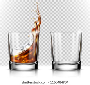 Empty and full whiskey glass with ice cubes