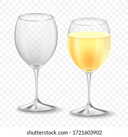 Gafas de vino vacías y llenas con champán. Concepto de festividad realista aislado sobre un fondo transparente. Burbujas chismosas. Ilustración vectorial.