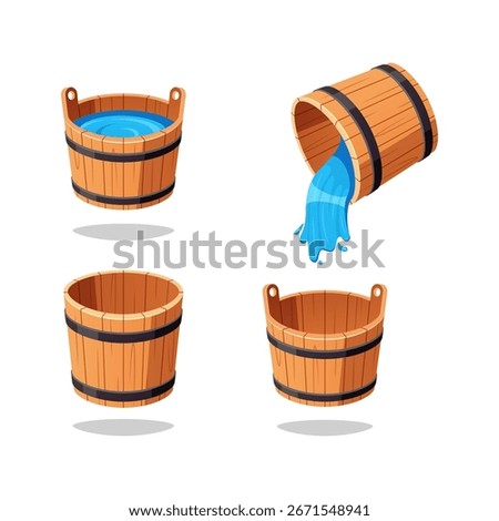 Empty and full wooden buckets vector isolated on white background.