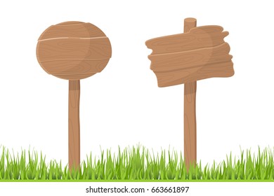 Empty funny advertise pointer isolated white background. Green lush grass art design. Information vector travel way. Set brown text notice billboard. Cartoon wooden hand drawn advice banner.