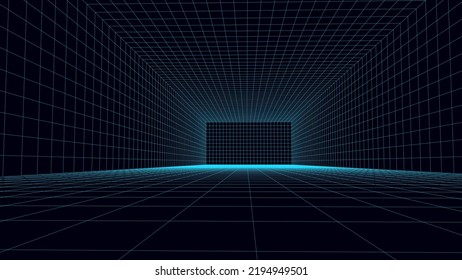 Empty futuristic 3D wireframe blue room. Vector perspective grid. Cyberspace background. Box with digital space in virtual reality.