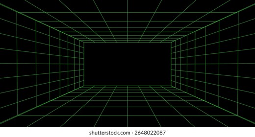 Leerer futuristischer 3D-Drahtmodell-Grünraum. Vektorperspektivraster. Cyberspace-Hintergrund. Box mit digitalem Raum in virtueller Realität.