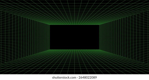 Empty futuristic 3D wireframe green room. Vector perspective grid. Cyberspace background. Box with digital space in virtual reality.
