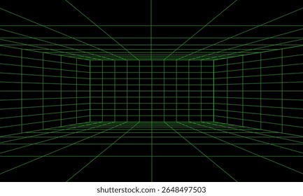 Habitación verde de marco de alambre 3D futurista vacía. Cuadrícula de perspectiva de Vector. Fondo del ciberespacio. Caja con espacio digital en realidad virtual.